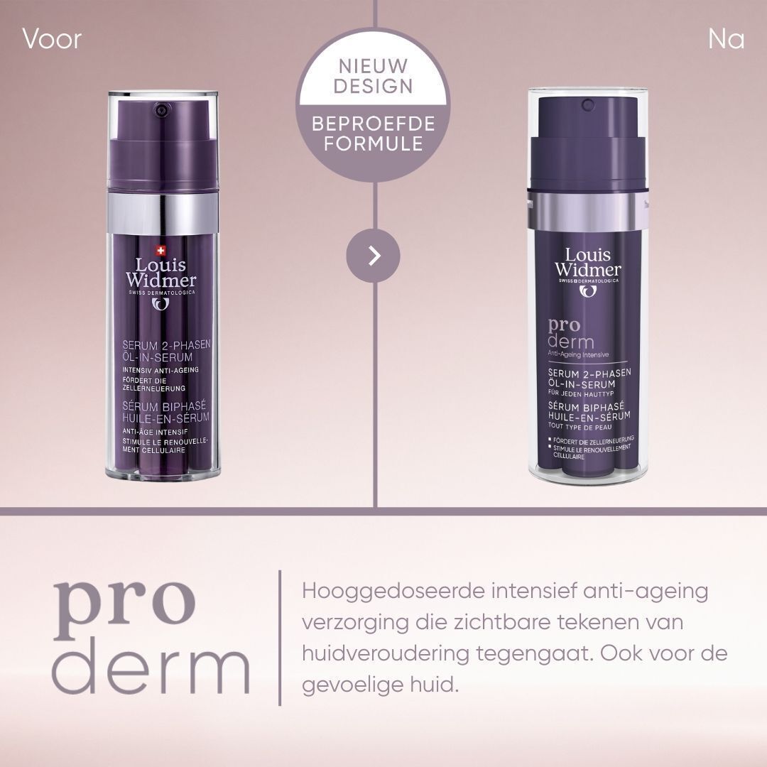 Voor-na vergelijking. Louis Widmer Proderm serum. Nieuwe formule.