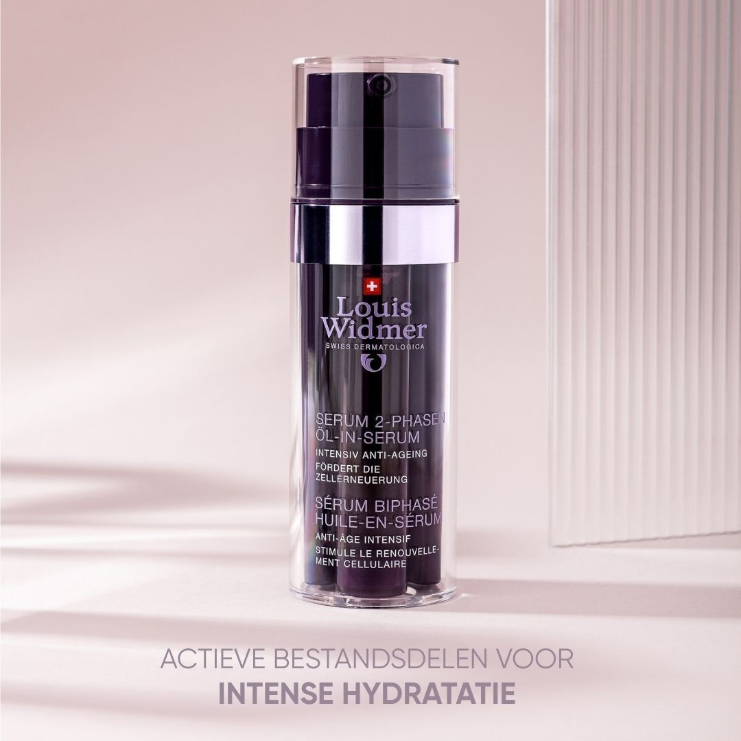 Vrouw met gladde huid, Louis Widmer ProDerm Anti-Aging serum.