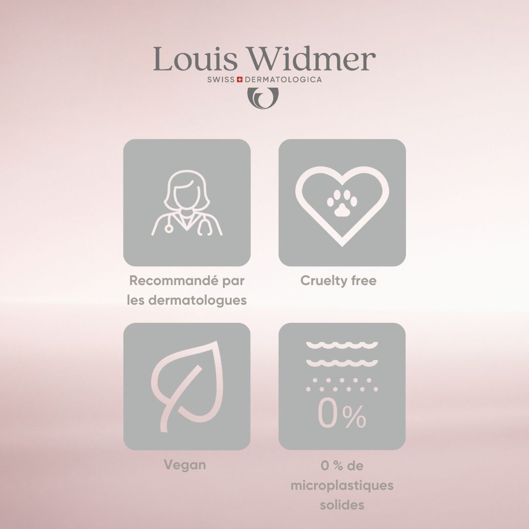 Sérum Louis Widmer. Flacon avec texte et bouchon ouvert.