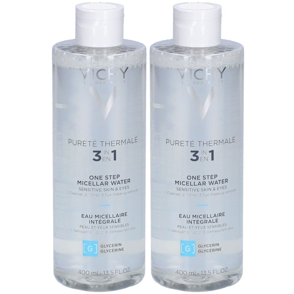 Deux flacons transparents avec bouchons blancs. Inscription: Vichy, Pureté Thermale 3-en-1, Eau Micellaire Intégrale. 400ml.