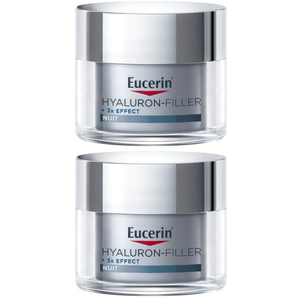 Deux pots Eucerin Hyaluron-Filler + 3x Effect Nuit. Récipients en verre avec couvercle argenté et indication du produit.