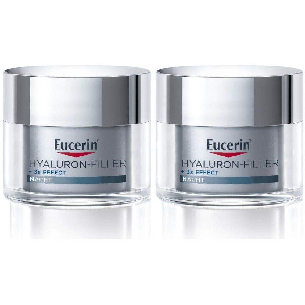 Twee potten Eucerin Hyaluron-Filler + 3x Effect Nacht. Glazen potten met zilveren deksel en productaanduiding.