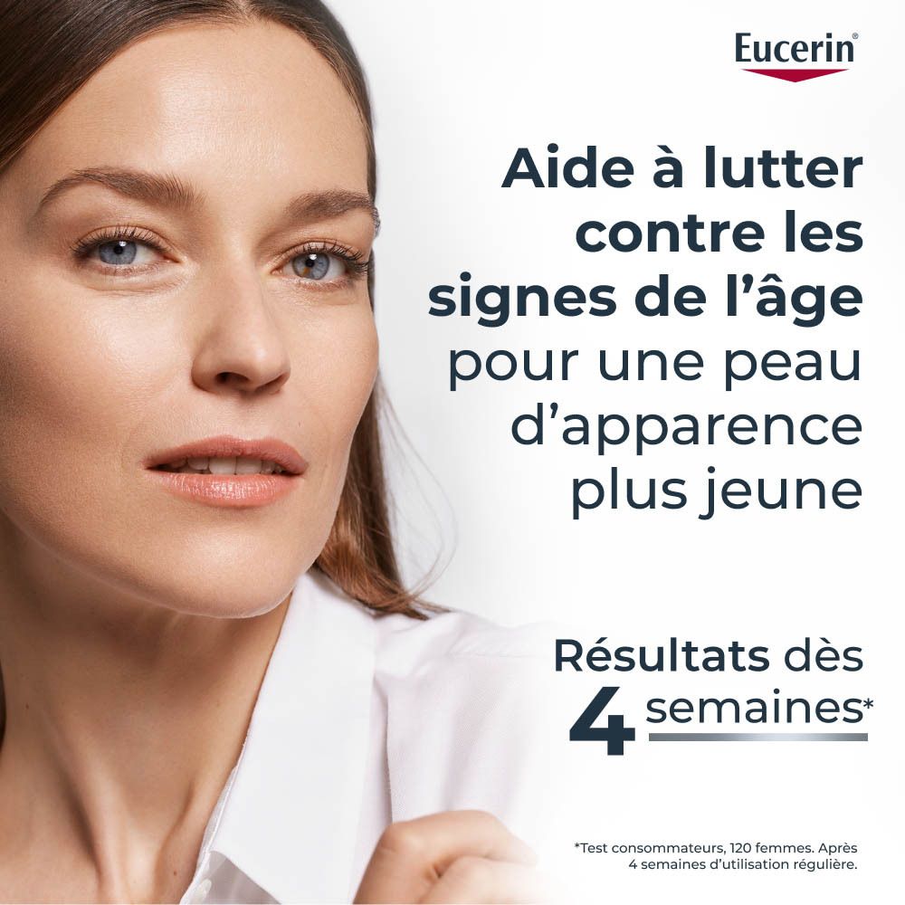Visage de femme avec logo Eucerin. Texte : Aide à lutter contre les signes de l'âge.