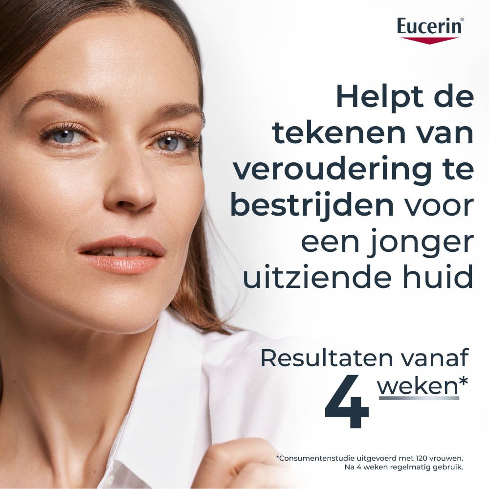 Vrouw met een gladde huid, die Eucerin Hyaluron-Filler + 3x Effect gebruikt om tekenen van veroudering te verminderen.