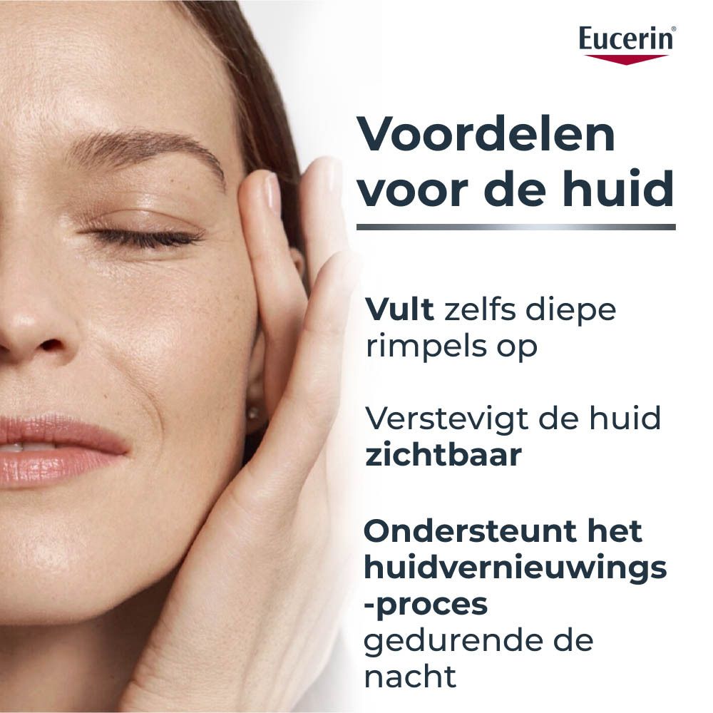 Gezicht van een vrouw met Eucerin-logo. Tekst: Voordelen voor de huid.