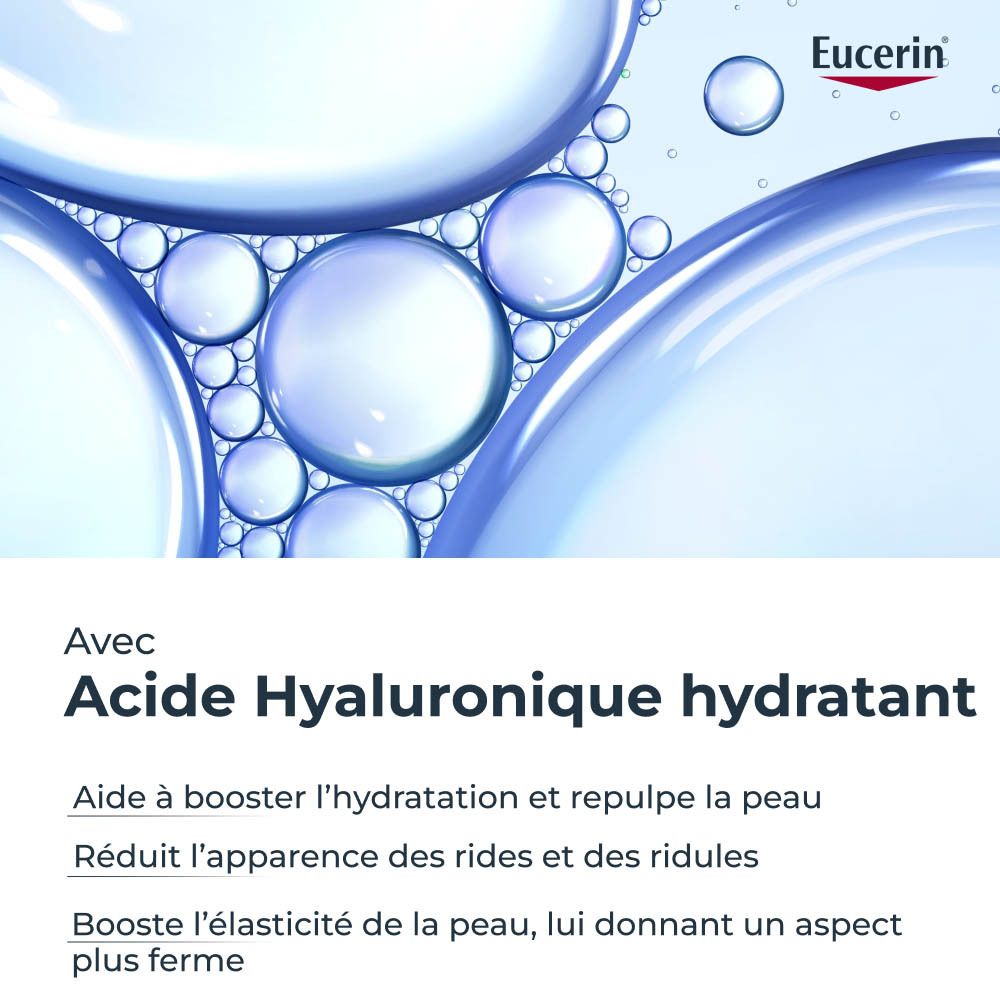 Gros plan d'un visage avec logo Eucerin. Texte : Avec Acide Hyaluronique hydratant.