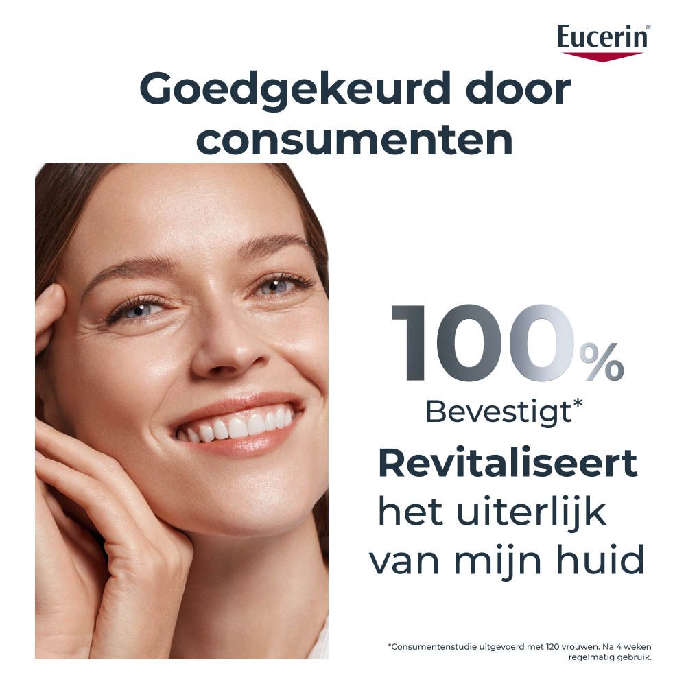 Lachende vrouw met Eucerin-logo. Tekst: Goedgekeurd door consumenten. 100% bevestigen.