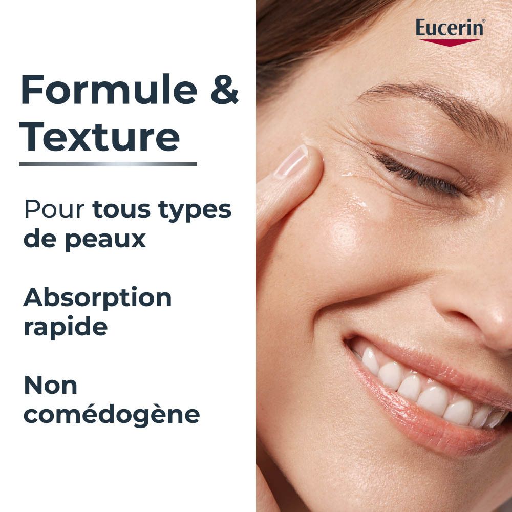 Gros plan d'une femme montrant la formule et la texture d'Eucerin Hyaluron-Filler + 3x Effect sur sa peau.