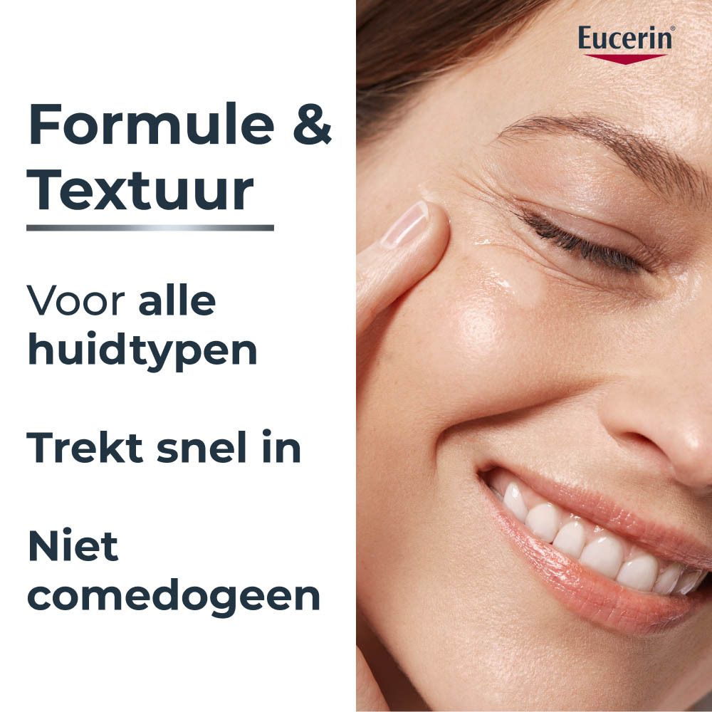 Close-up van een gezicht met Eucerin-logo. Tekst: Formule & Textuur.