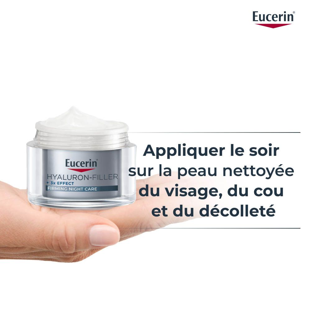 Main tenant un pot de Eucerin Hyaluron-Filler + 3x Effect Soin de Nuit Raffermissant.