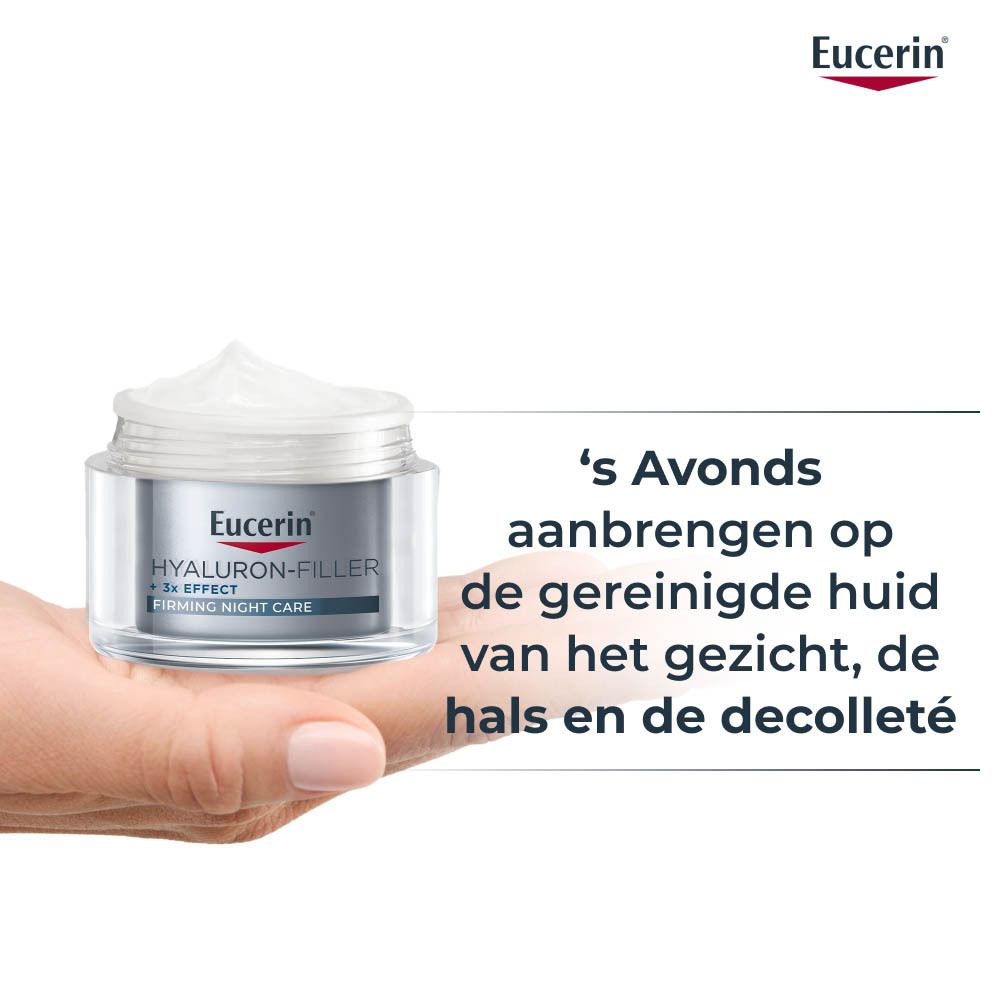 Hand die een potje Eucerin Hyaluron-Filler + 3x Effect vasthoudt, met instructies voor avondgebruik.