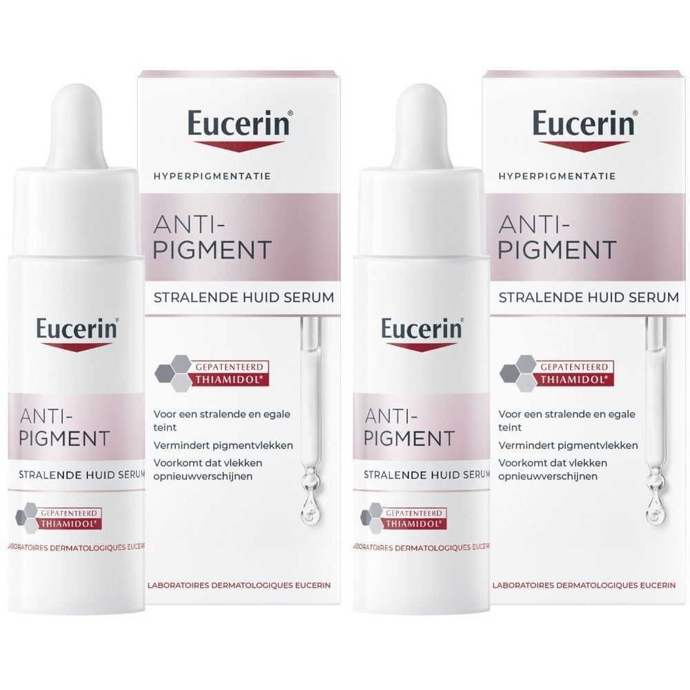 Eucerin Hyperpigmentatie Anti-Pigment Serum. Flessen met pipet en verpakking. Opschrift: Anti-Pigment, Serum.