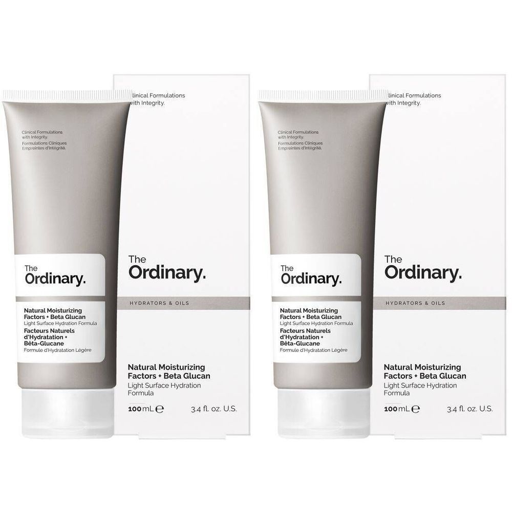 Deux tubes et emballages. Sur les tubes, "The Ordinary". Texte : Natural Moisturizing Factors + Beta Glucan. Emballage blanc.