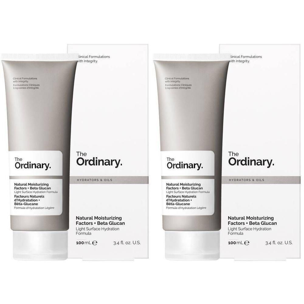 Twee tubes met witte verpakking. Opschrift: The Ordinary, Natural Moisturizing Factors + Beta Glucan.