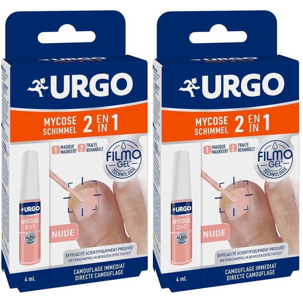 Twee dozen URGO Mycose 2-en-1. Blauwe verpakking met productnaam en logo. Bevat een flesje met applicator en productillustratie.