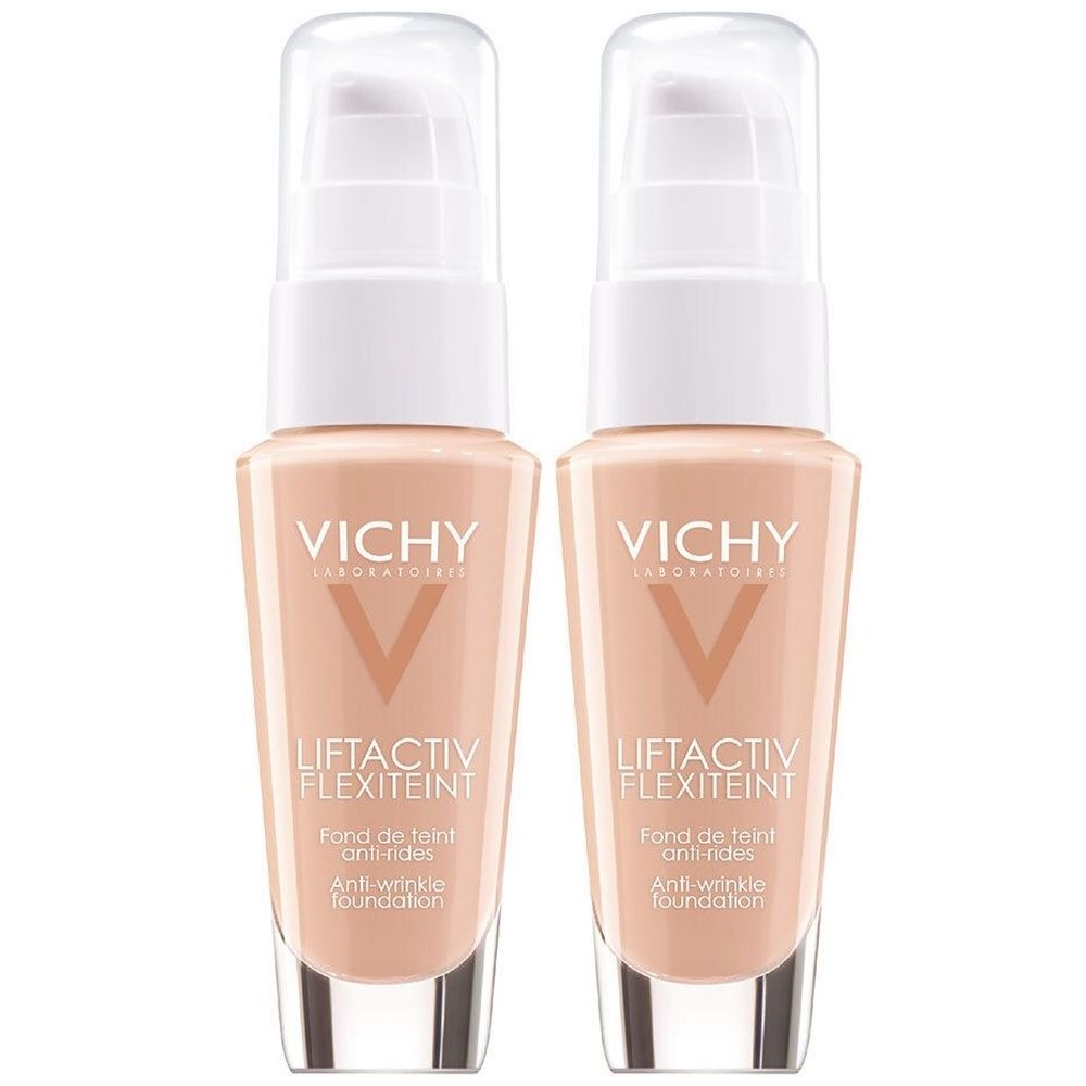 Twee flacons VICHY Liftactiv Flexiteint, tint Nr. 25 Nude. Witte pomp, transparante dop. Opschrift: Anti-rimpel foundation.