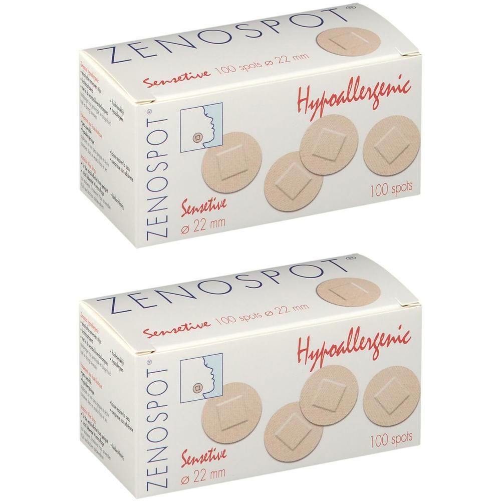 Twee dozen Zenospot Pansement Sensitive 22mm. Elke doos toont pleisters en productinformatie.