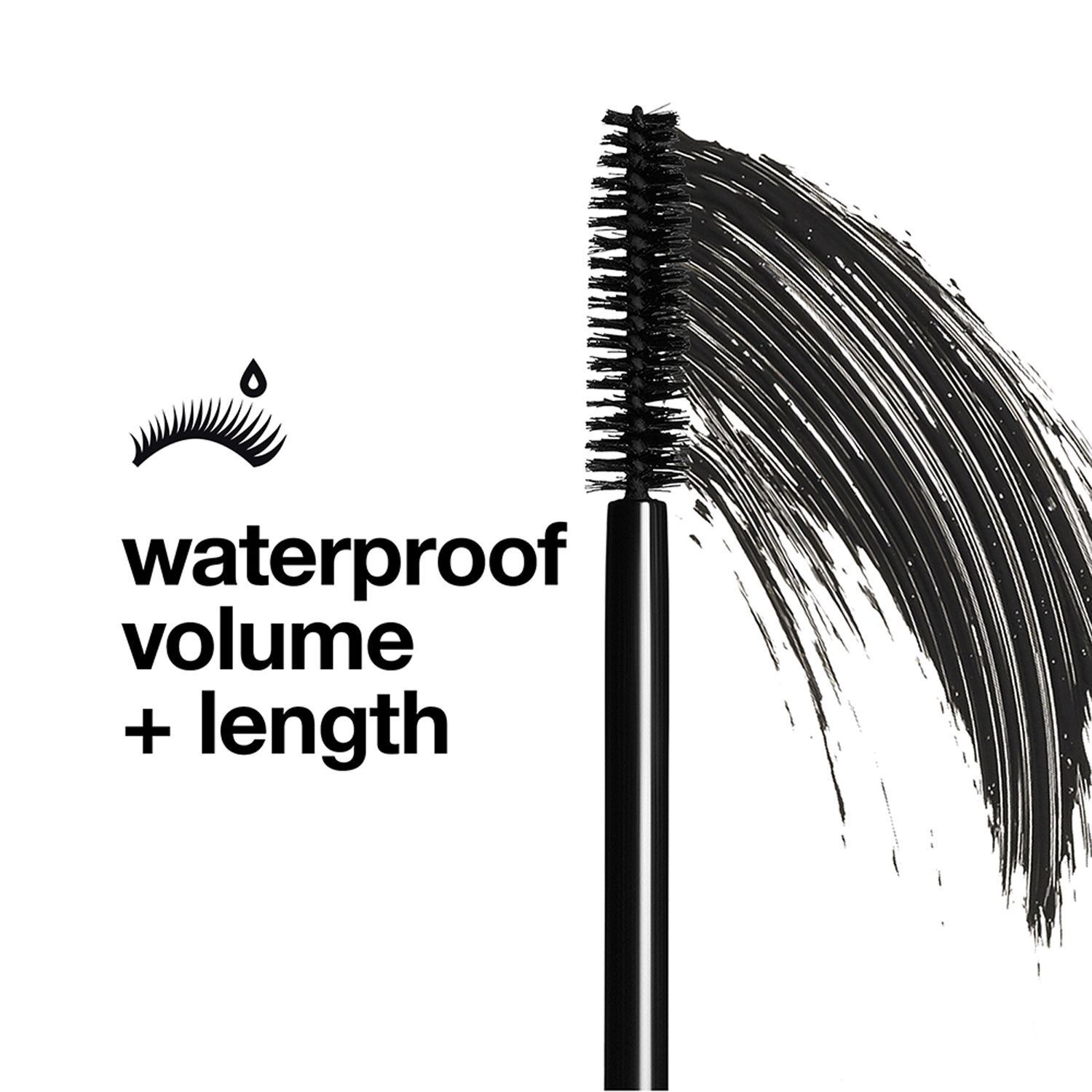 Zwarte mascaraborstel met mascara streken. Tekst: waterproof volume + length. Waterdruppel-symbool naast wimpersymbool.