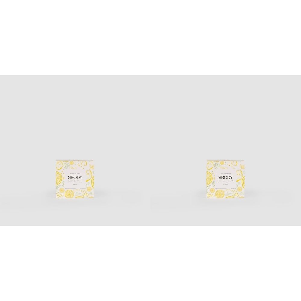 Deux emballages carrés avec motif citron et logo BBODY. Sur fond clair.