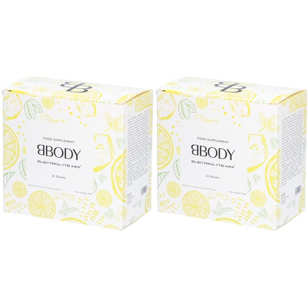 Twee dozen met BBODY-logo en tekst 'ELECTROLYTE MIX'. Geel design met citroenmotieven.