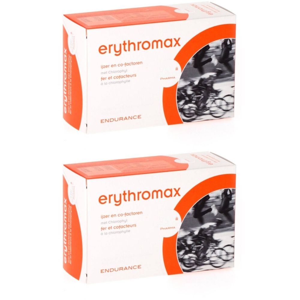 Twee witte dozen met oranje accenten. Opschrift "erythromax". Tekst in meerdere talen. Illustratie van een wielrenner.