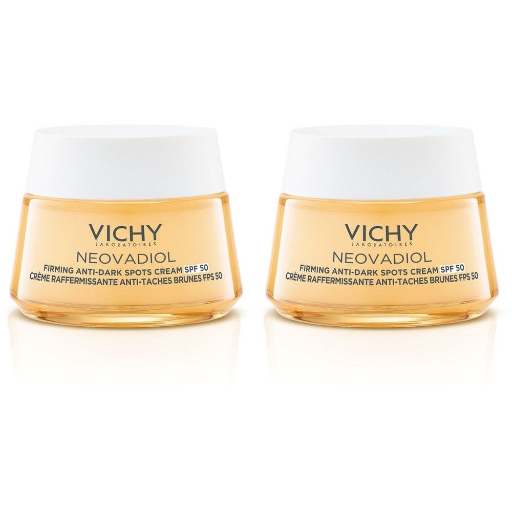 Twee crèmepotten met witte deksels. Opschrift: VICHY, NEOVADIOL, Firming Anti-Dark Spots Cream SPF 50, Crème Raffermissante Anti-Taches Brunes FPS 50.