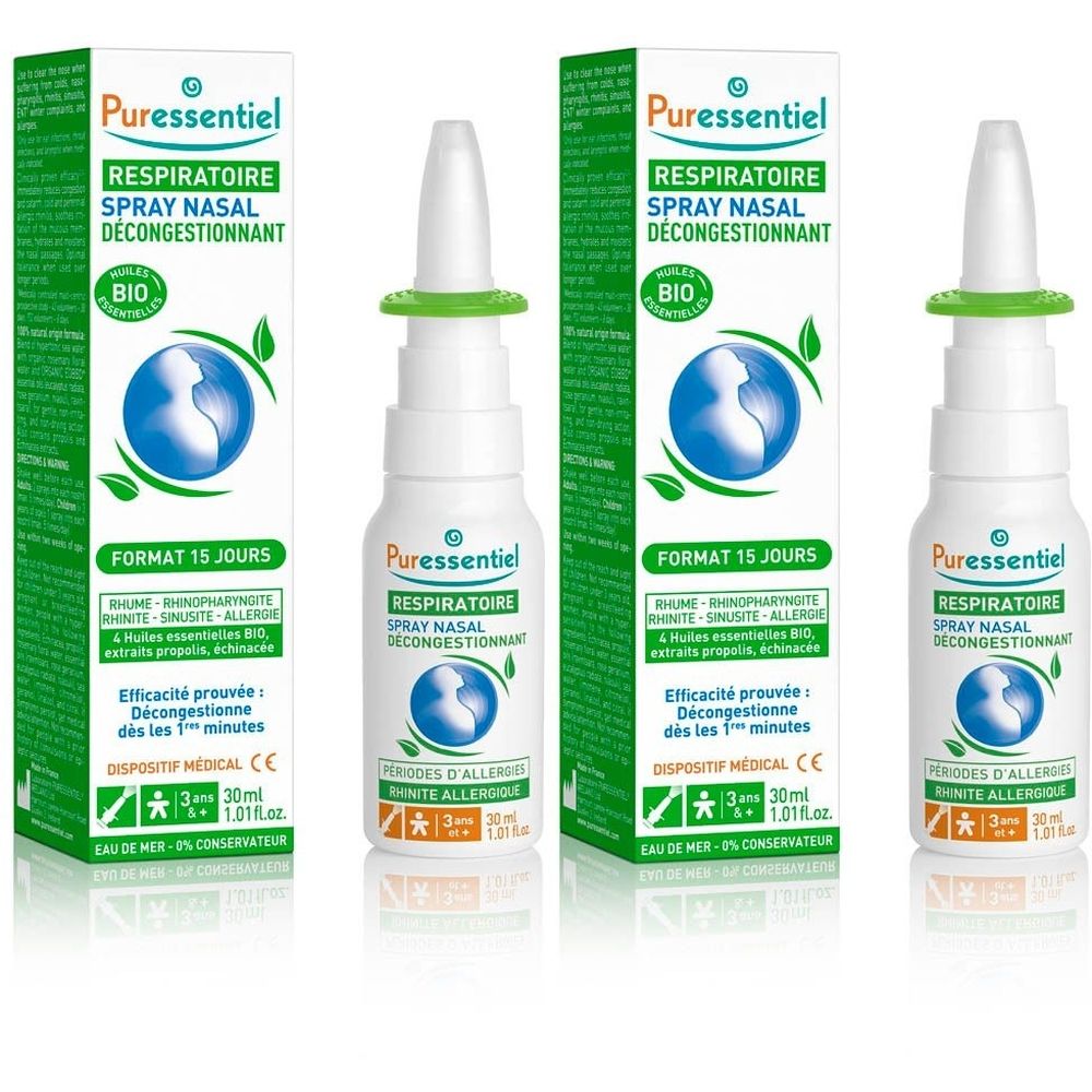 Spray nasal et emballage. Spray blanc avec bague verte. Boîte avec nom et logo du produit. Certification Bio.