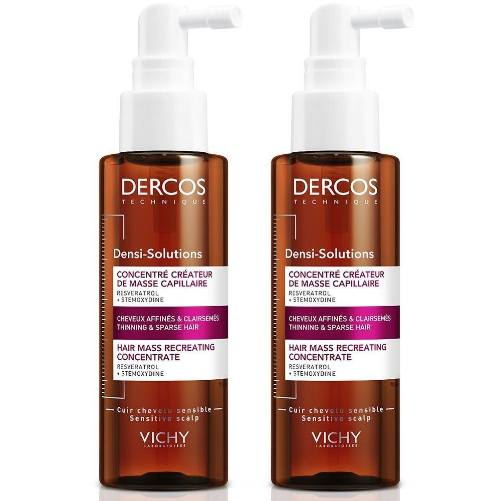 Twee flessen VICHY DERCOS Densi-Solutions. Bruine flessen met witte pompkop. Tekst: Densi-Solutions, Hair Mass Recreating Concentrate.