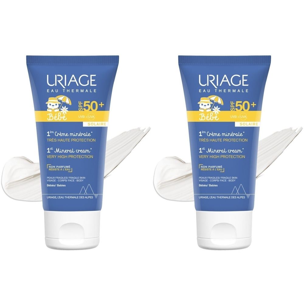 Twee blauwe tubes met witte crème. Opschrift: Uriage, Bébé, SPF 50+, 1ère Crème minérale, très haute protection.