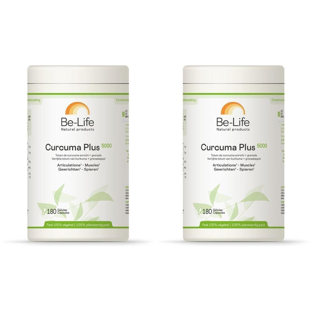 Twee witte potten met etiket: Curcuma Plus 5000, Be-Life Natural products. 180 capsules. Tekst in het Duits, Nederlands.