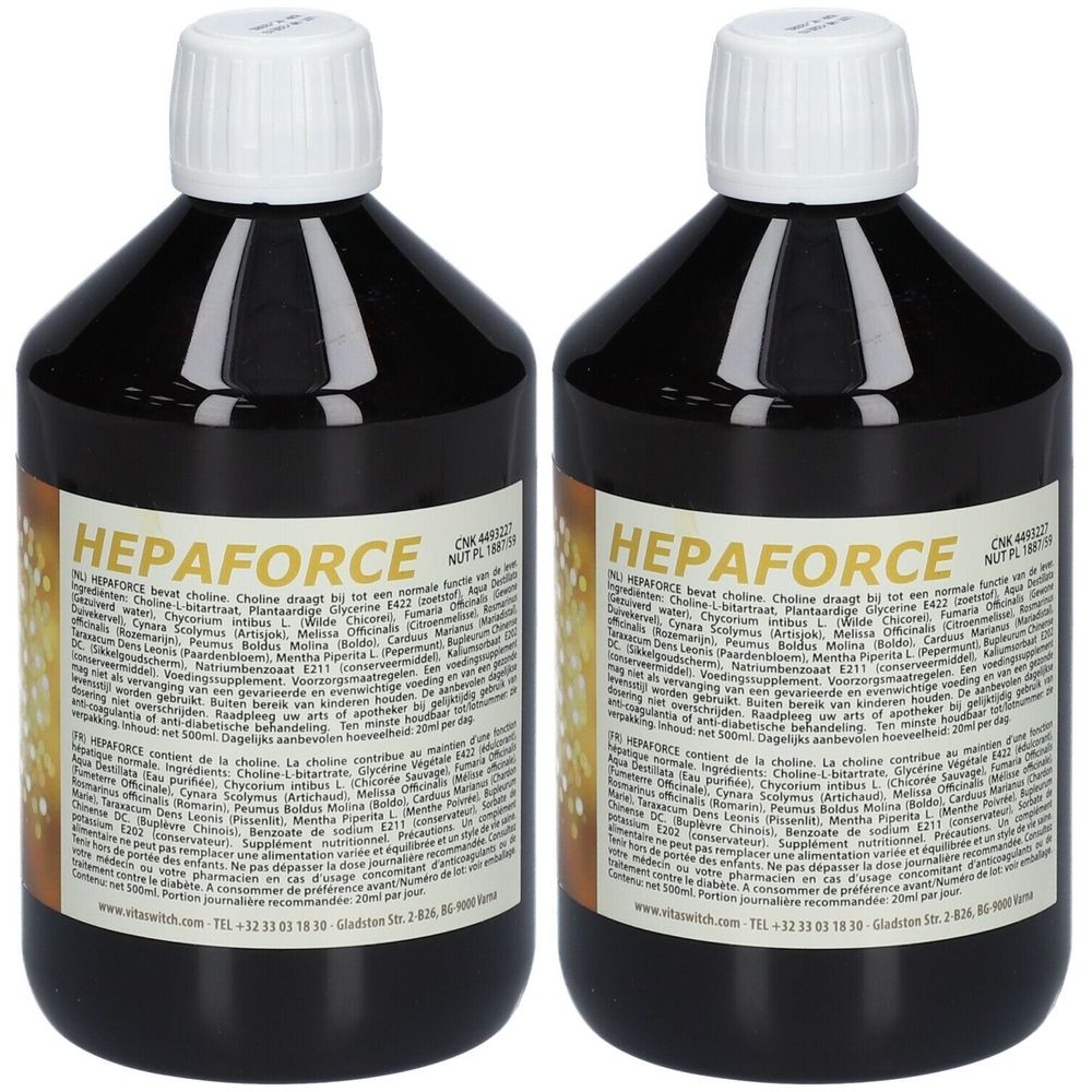 Twee flessen met zwarte vloeistof en witte doppen. Etiketten met "HEPAFORCE".