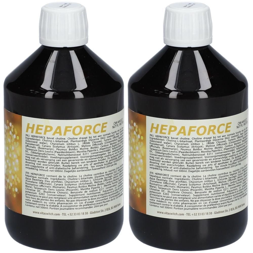 Deux flacons de VITASWITCH Hepaforce. Liquide brun dans des bouteilles à bouchon blanc. Étiquette avec informations.