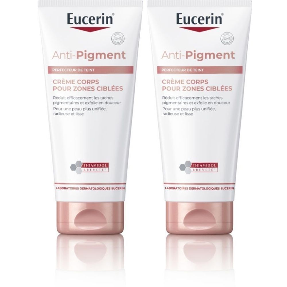 Deux tubes de Eucerin Anti-Pigment Crème Corps Pour Zones Ciblées. Blanc, texte rouge, bouchon rose.