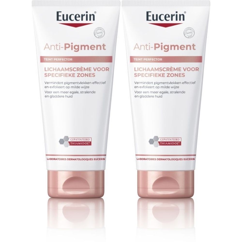 Twee tubes Eucerin Anti-Pigment Lichaamscrème voor Specifieke Zones. Wit, rode tekst, roze dop.
