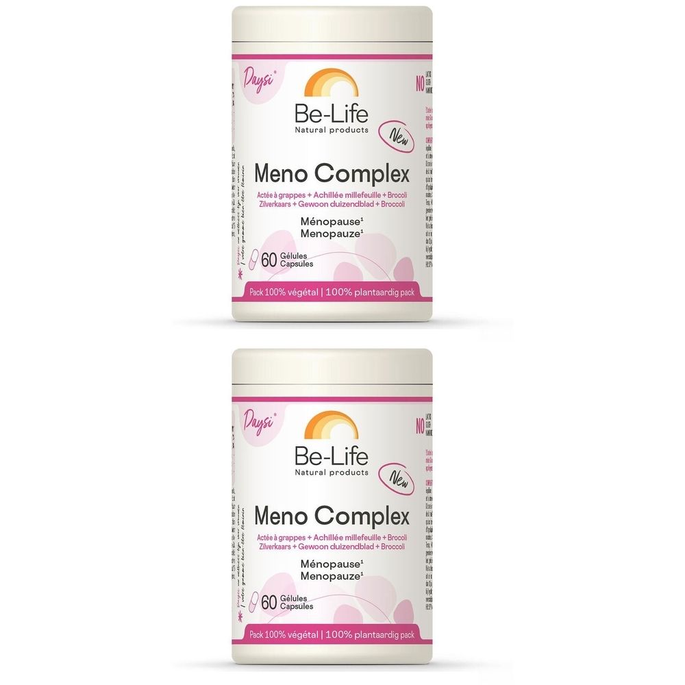 Deux boîtes blanches avec accents roses. Inscription: Be-Life Meno Complex. 60 gélules. 100% végétal.