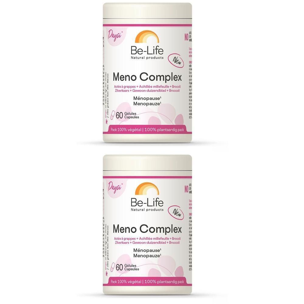Twee witte potten met etiketten. Opschrift: Be-Life Meno Complex. Bevat 60 capsules. Logo en tekst in meerdere talen.