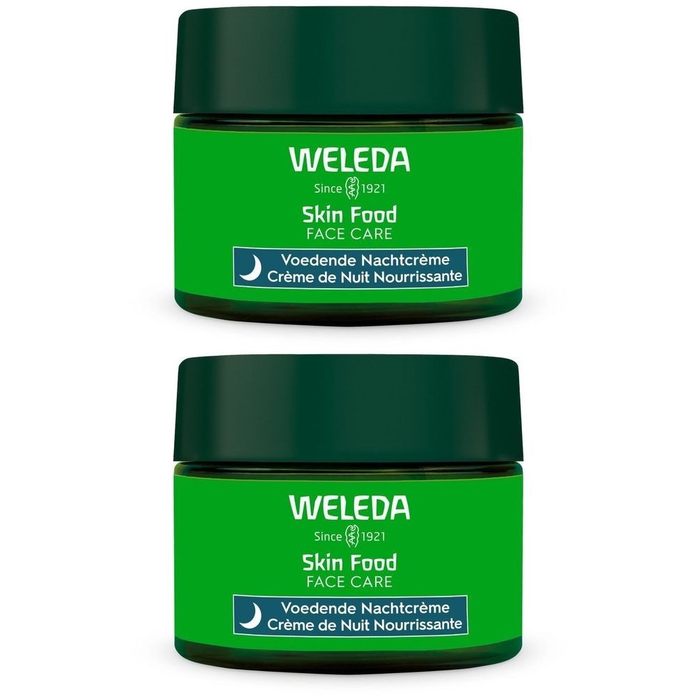 Deux pots verts avec couvercles foncés. Inscription : WELEDA Skin Food FACE CARE, Voedende Nachtcrème, Crème de Nuit Nourrissante.