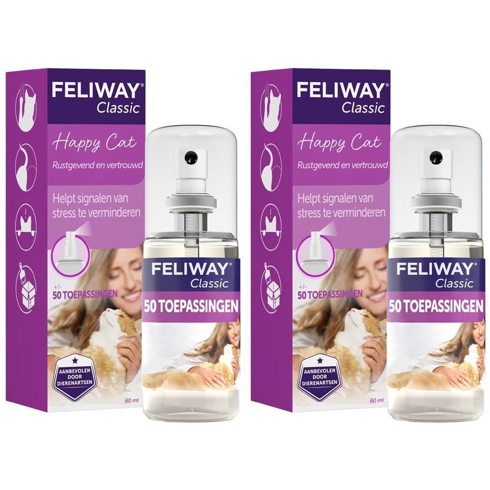 Feliway Classic Spray, fles en verpakking. Opschrift: Happy Cat, Helpt signalen van stress te verminderen.
