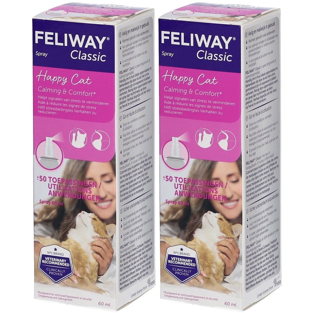 Twee verpakkingen Feliway Classic Spray. Opschrift "Happy Cat" en "Calming & Comfort". Bevat 50 toepassingen. Aanbevolen door dierenartsen.