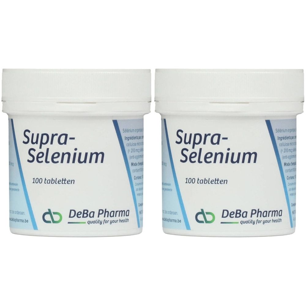 Twee witte potten met deksels. Opschrift Supra-Selenium, 100 tabletten en DeBa Pharma. Blauwe designelementen.