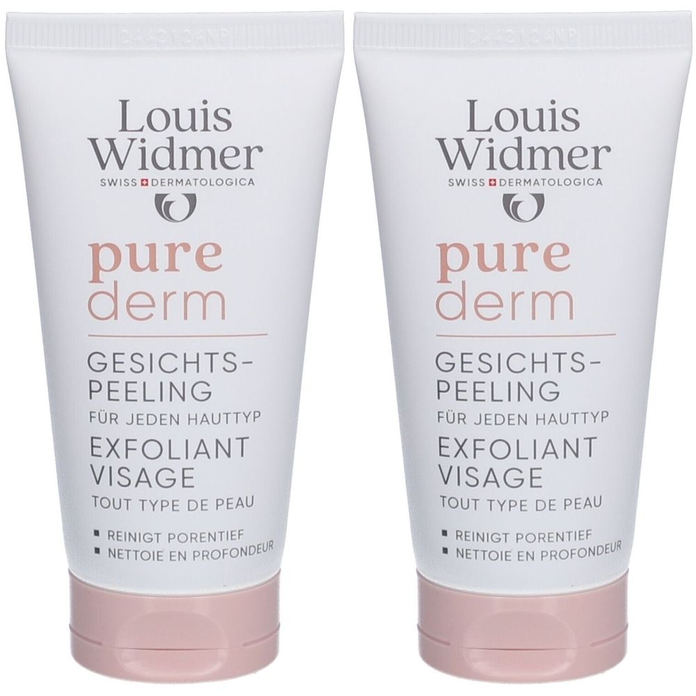 Twee tubes Louis Widmer Purederm gezichtsscrub. Wit, met roze dop. Opschrift: pure derm, Exfoliant Visage.