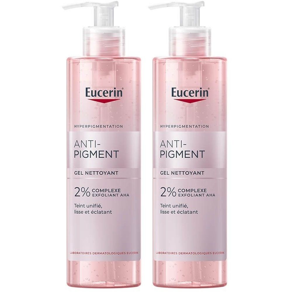 Deux flacons de gel nettoyant Eucerin Anti-Pigment avec pompe doseuse. Liquide rose, impression blanche, nom du produit et ingrédients.