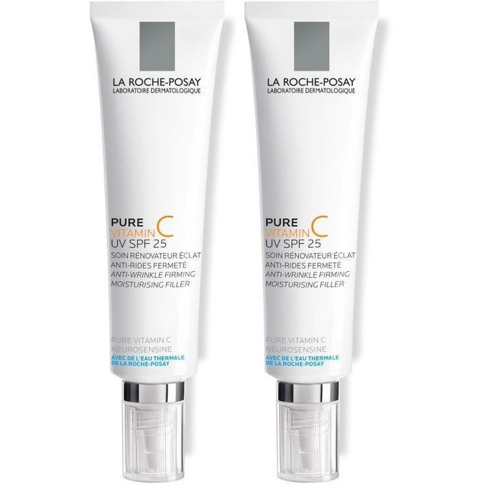 Twee tubes La Roche-Posay Pure Vitamin C UV SPF 25. Witte tubes met zwarte tekst. Productnaam en details zichtbaar.