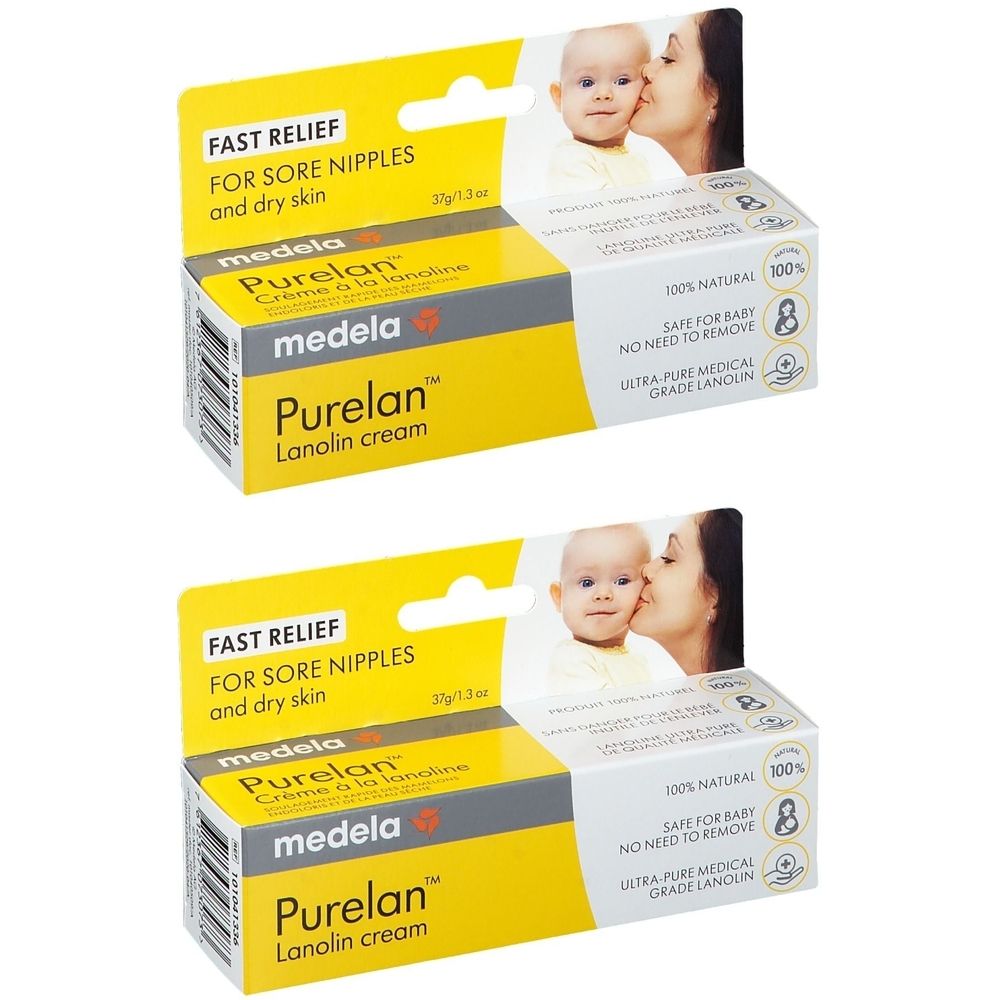 Deux boîtes de crème Purelan. Emballage jaune et blanc avec nom du produit, logo et image d'une mère et son bébé. Texte : Fast Relief.