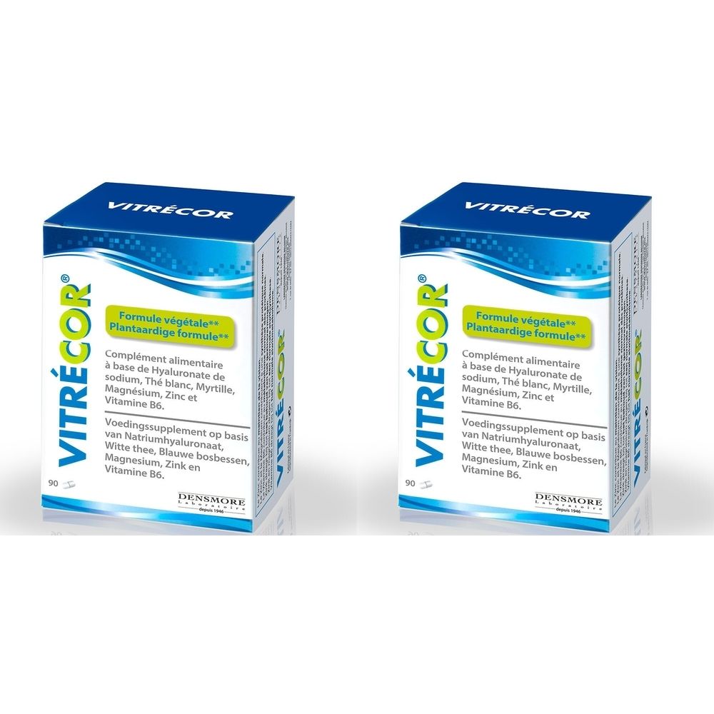 Twee blauwe dozen met "VITRÉCOR". Tekst in meerdere talen, waaronder "Plantaardige formule". Ingrediënten en voedingsinformatie.
