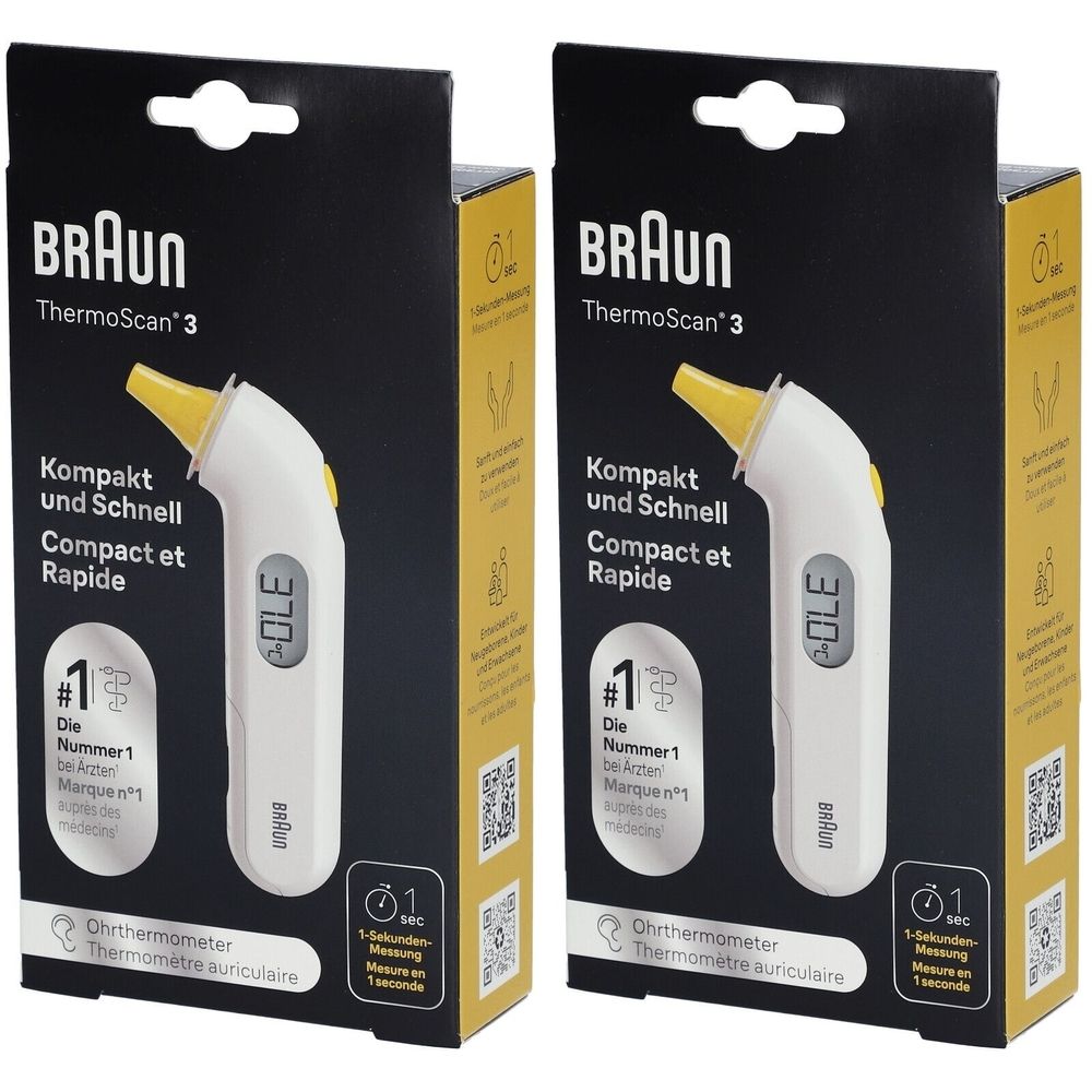 Twee verpakkingen Braun ThermoScan 3 oorthermometer. Zwarte verpakking met witte thermometer. Temperatuurweergave. Gele punt.
