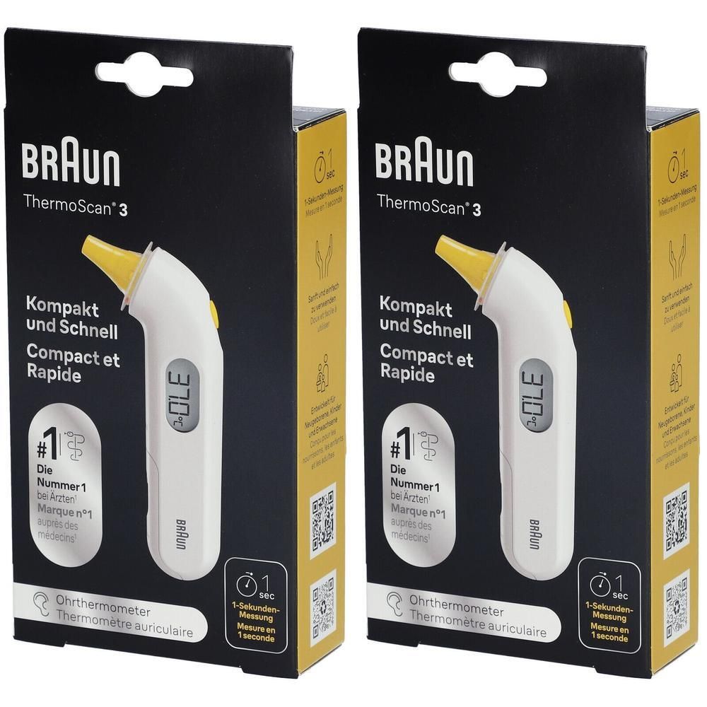 Braun ThermoScan 3 oorthermometer in verpakking. Wit apparaat met gele punt. Zwarte verpakking, temperatuurweergave.
