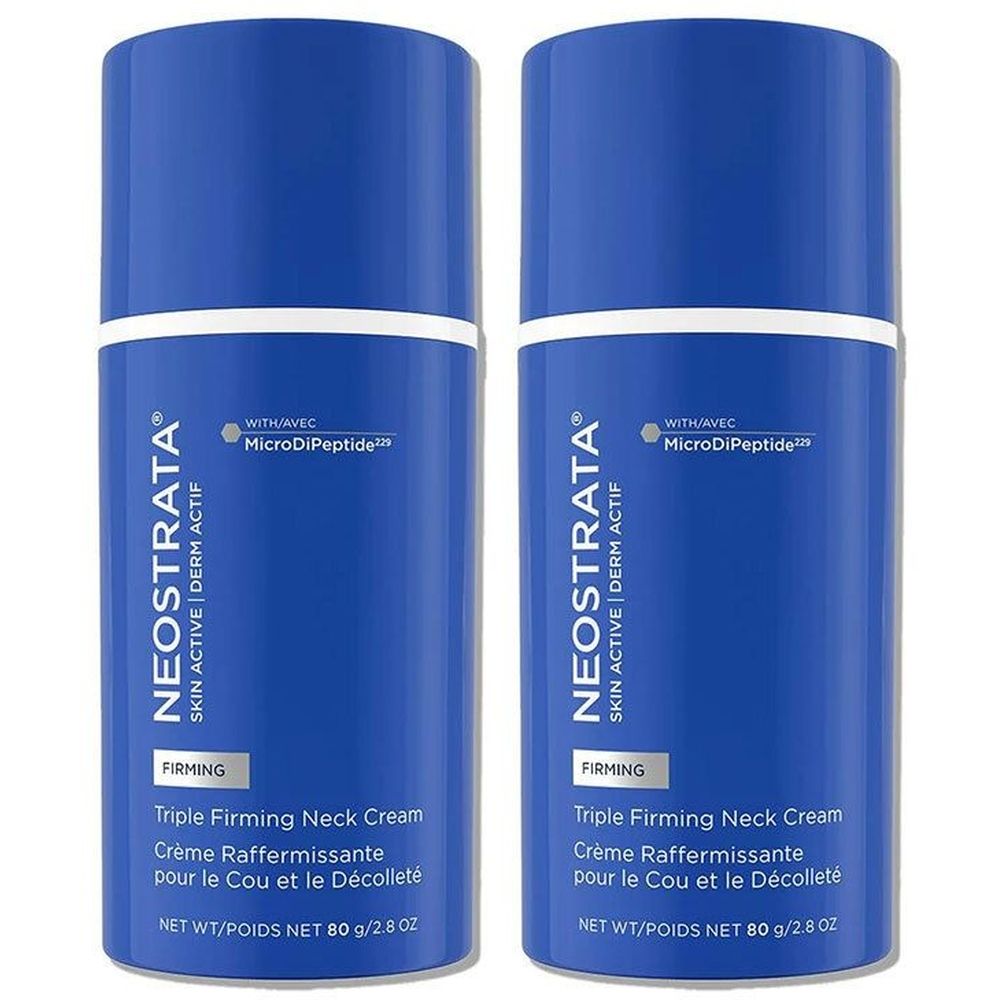 Deux tubes de crème bleus avec couvercles blancs. Inscription: NeoStrata, Triple Firming Neck Cream. Avec MicroDiPeptide.
