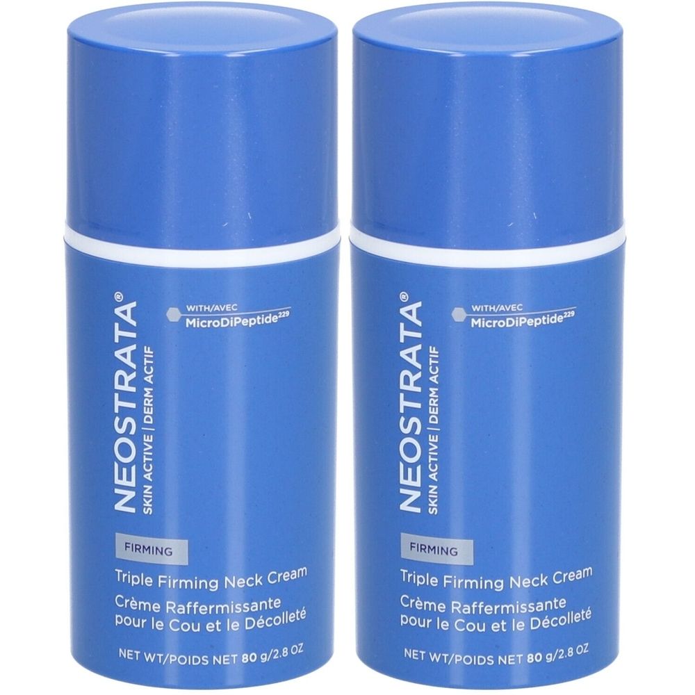 Twee blauwe crèmetubes met witte deksels. Opschrift: NeoStrata, Triple Firming Neck Cream. Met MicroDiPeptide.