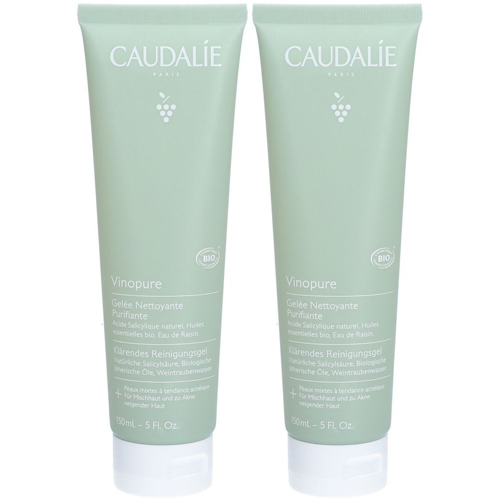 Twee groene tubes met witte dop. Opschrift: Caudalie, Vinopure, Gelée Nettoyante Purifiante. Bio-label.